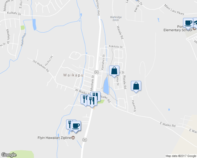 map of restaurants, bars, coffee shops, grocery stores, and more near 232 Kamaha'o Circle in Wailuku