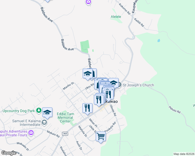 map of restaurants, bars, coffee shops, grocery stores, and more near 3543 Baldwin Avenue in Makawao