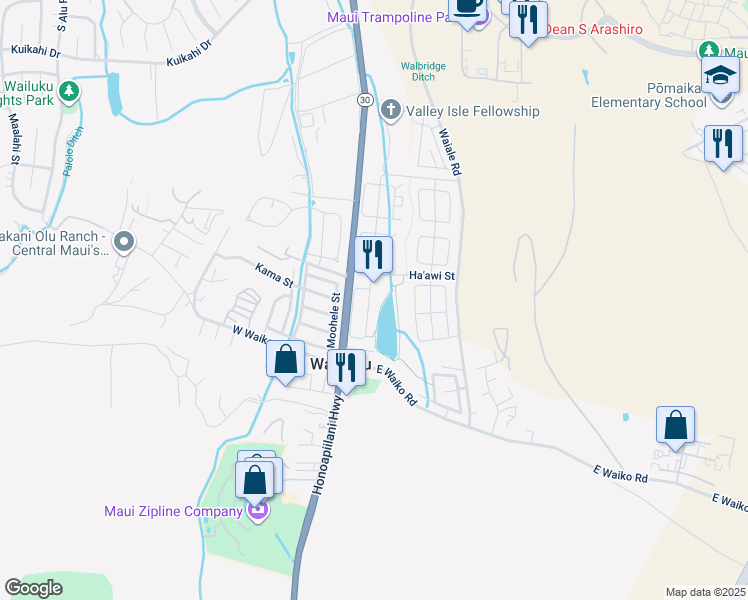 map of restaurants, bars, coffee shops, grocery stores, and more near 129 Kamaha'o Circle in Wailuku