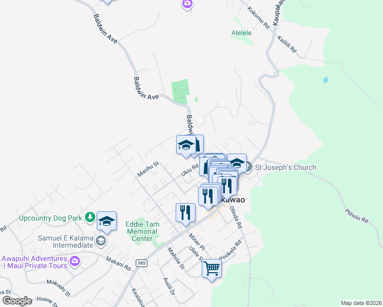 map of restaurants, bars, coffee shops, grocery stores, and more near 1163 Ukiu Road in Makawao