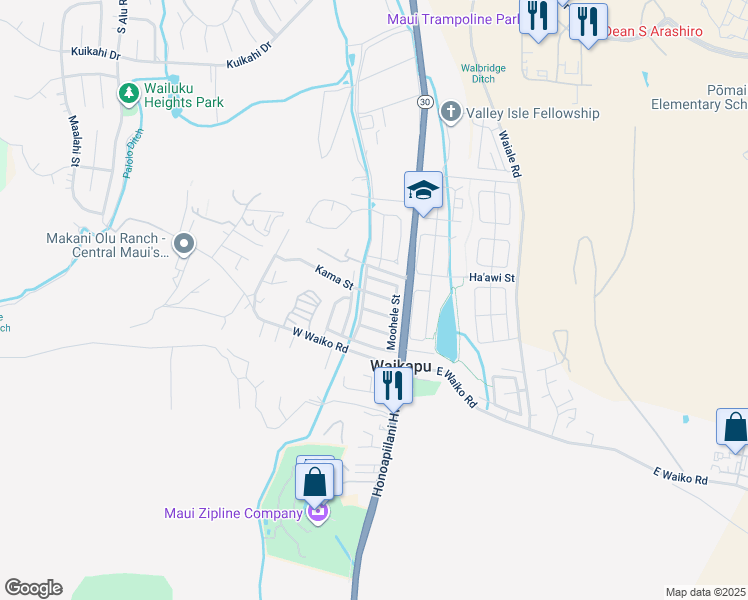map of restaurants, bars, coffee shops, grocery stores, and more near 53 Kama Street in Wailuku