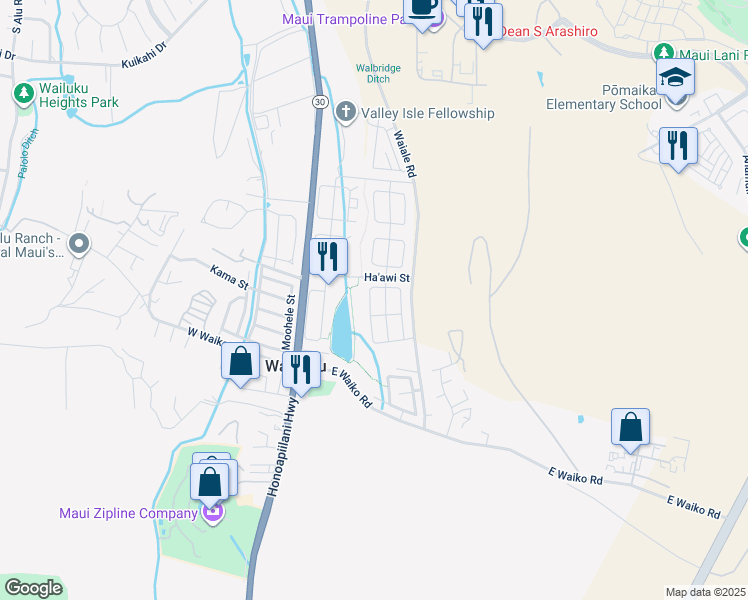 map of restaurants, bars, coffee shops, grocery stores, and more near 98 Nokekula Loop in Wailuku