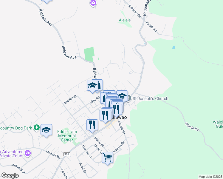 map of restaurants, bars, coffee shops, grocery stores, and more near 3525 Burns Place in Makawao