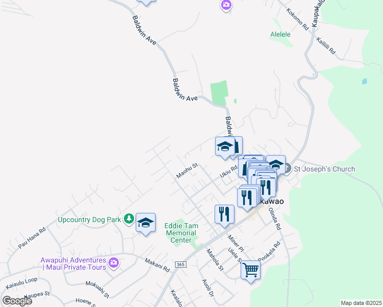 map of restaurants, bars, coffee shops, grocery stores, and more near 1072 Aala Place in Makawao