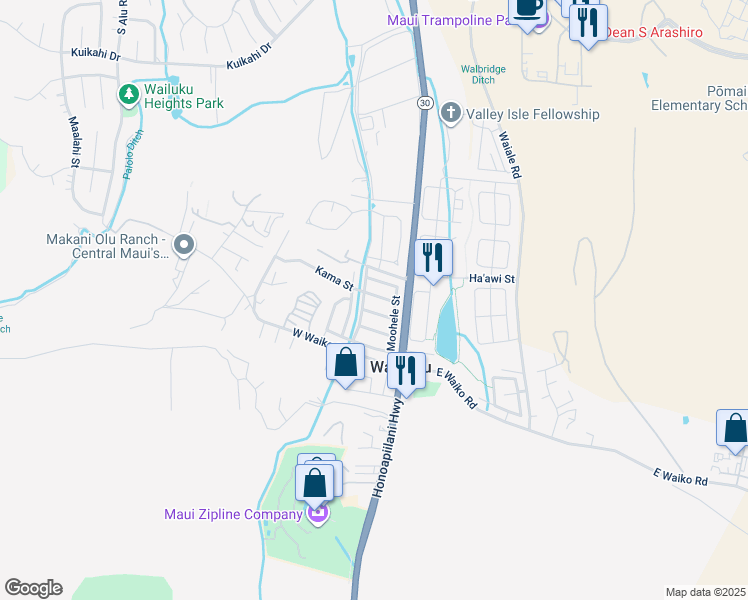 map of restaurants, bars, coffee shops, grocery stores, and more near 53 Kama Street in Wailuku