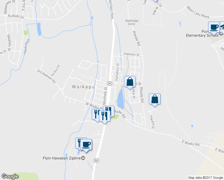 map of restaurants, bars, coffee shops, grocery stores, and more near 236 Kamaha'o Circle in Wailuku