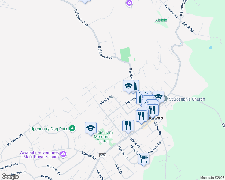 map of restaurants, bars, coffee shops, grocery stores, and more near 1090 Aala Place in Makawao