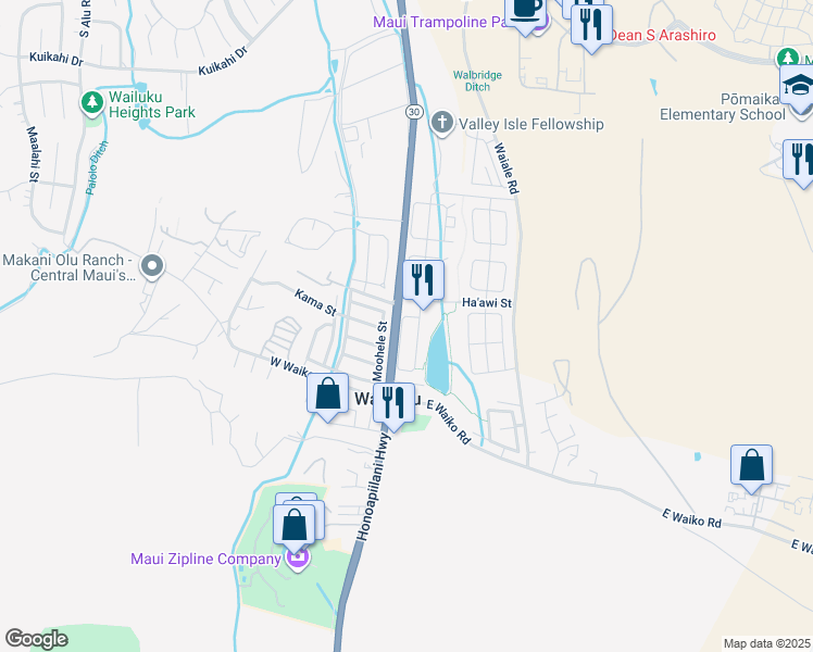 map of restaurants, bars, coffee shops, grocery stores, and more near 236 Kamaha'o Circle in Wailuku