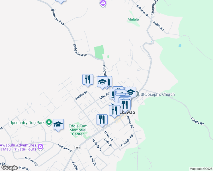map of restaurants, bars, coffee shops, grocery stores, and more near 3506 Baldwin Avenue in Makawao