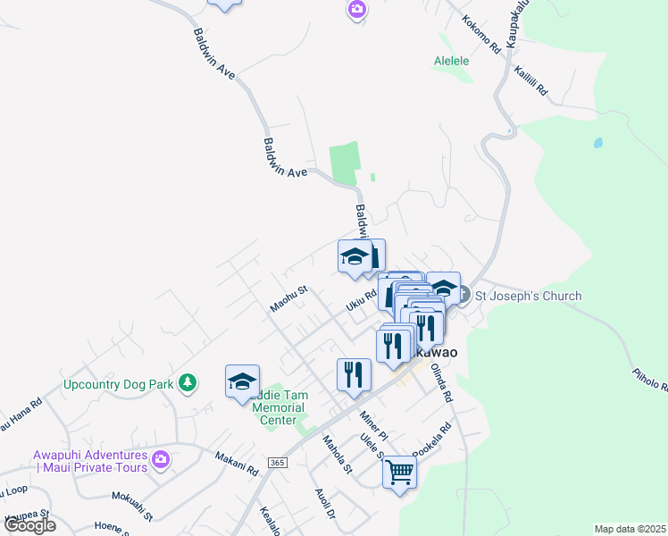 map of restaurants, bars, coffee shops, grocery stores, and more near 1155 Freitas Place in Makawao