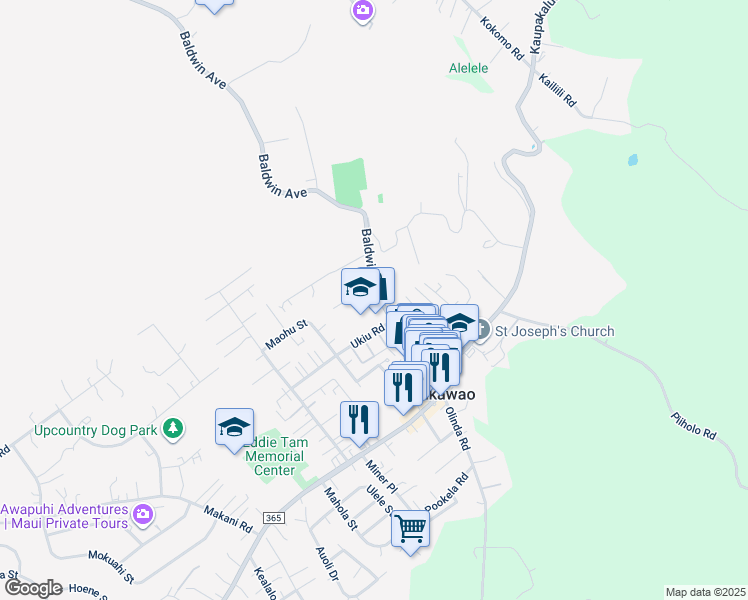 map of restaurants, bars, coffee shops, grocery stores, and more near 3506 Baldwin Avenue in Makawao