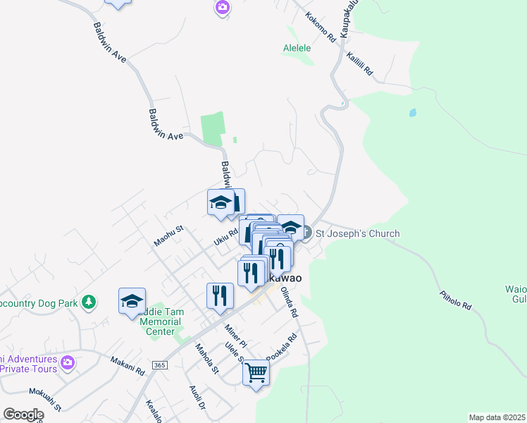 map of restaurants, bars, coffee shops, grocery stores, and more near 3525 Burns Place in Makawao