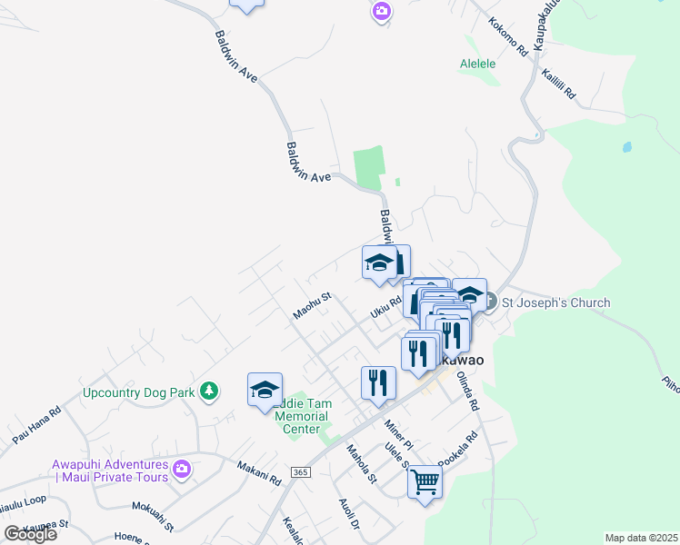 map of restaurants, bars, coffee shops, grocery stores, and more near 1100 Aala Place in Makawao