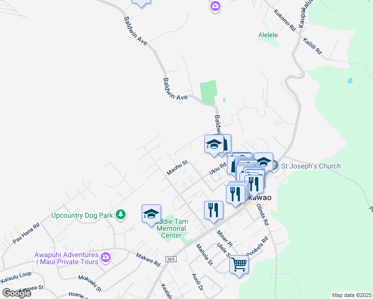 map of restaurants, bars, coffee shops, grocery stores, and more near 1090 Aala Place in Makawao