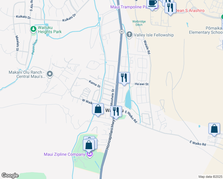 map of restaurants, bars, coffee shops, grocery stores, and more near 24 Kama Street in Wailuku