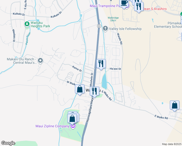 map of restaurants, bars, coffee shops, grocery stores, and more near 24 Kama Street in Wailuku