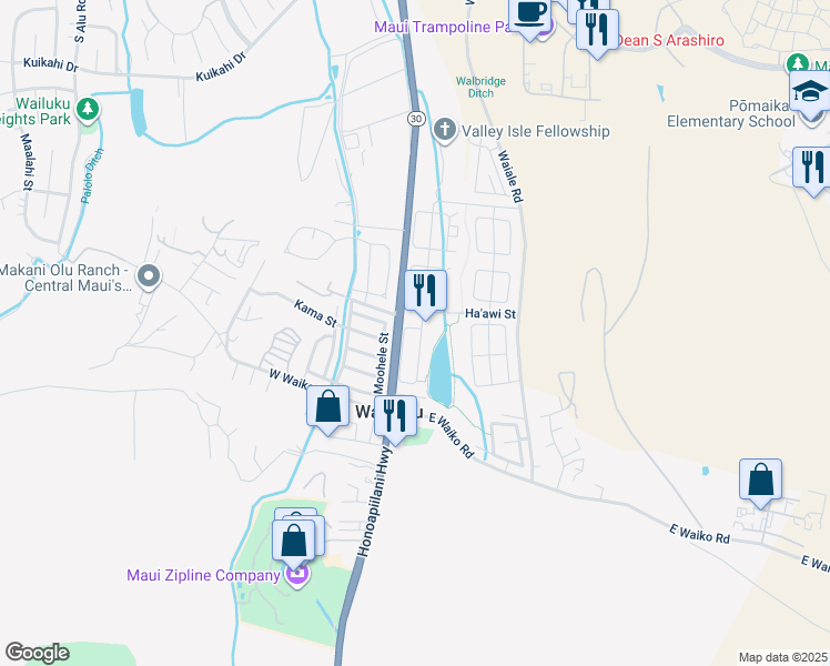 map of restaurants, bars, coffee shops, grocery stores, and more near 122 Kamaha'o Circle in Wailuku