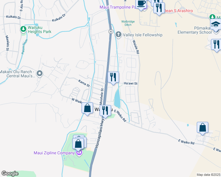 map of restaurants, bars, coffee shops, grocery stores, and more near 104 Kamaha'o Circle in Wailuku
