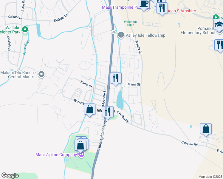 map of restaurants, bars, coffee shops, grocery stores, and more near 240 Kamaha'o Circle in Wailuku