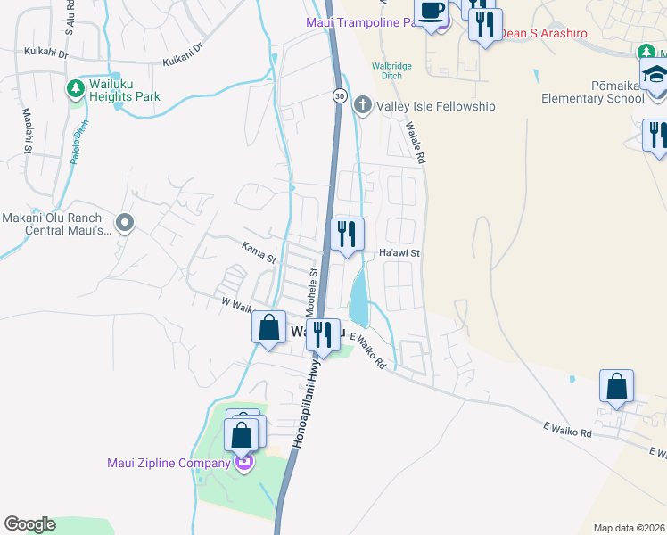 map of restaurants, bars, coffee shops, grocery stores, and more near 240 Kamaha'o Circle in Wailuku