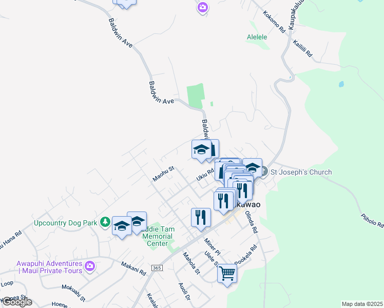 map of restaurants, bars, coffee shops, grocery stores, and more near 1145 Freitas Place in Makawao