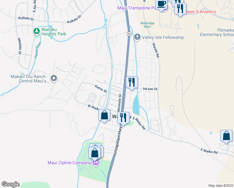 map of restaurants, bars, coffee shops, grocery stores, and more near 36 Kama Street in Wailuku
