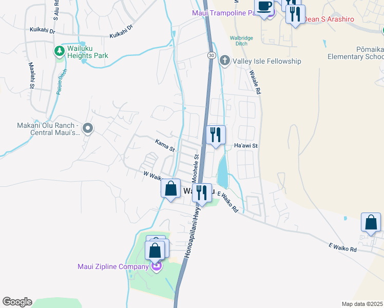 map of restaurants, bars, coffee shops, grocery stores, and more near 36 Kama Street in Wailuku