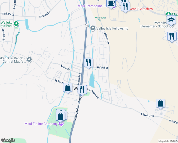 map of restaurants, bars, coffee shops, grocery stores, and more near 121 Kamaha'o Circle in Wailuku