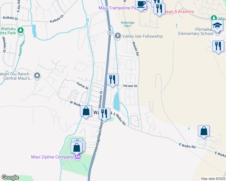 map of restaurants, bars, coffee shops, grocery stores, and more near 121 Kamaha'o Circle in Wailuku