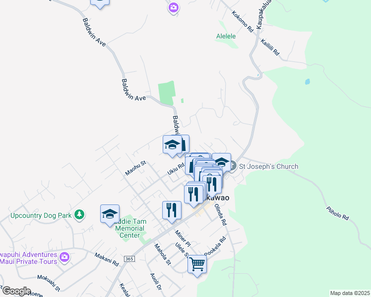 map of restaurants, bars, coffee shops, grocery stores, and more near 3531 Baldwin Avenue in Makawao