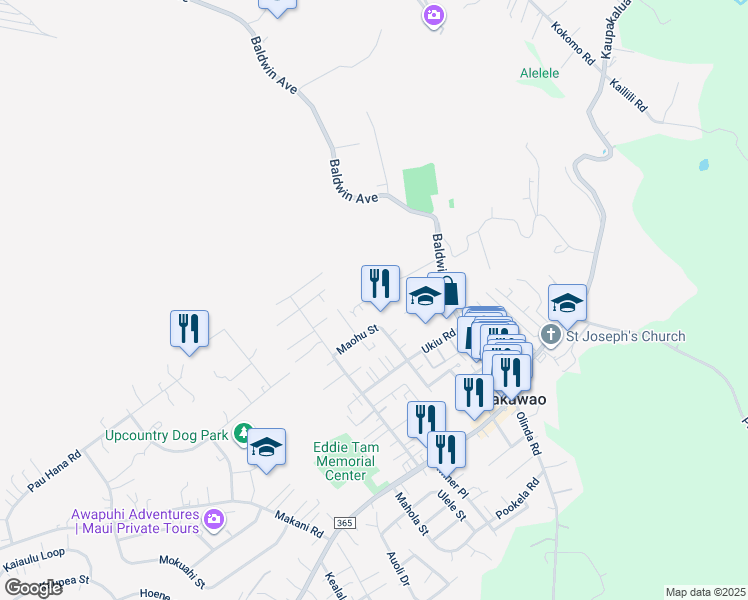 map of restaurants, bars, coffee shops, grocery stores, and more near 1090 Aala Place in Makawao