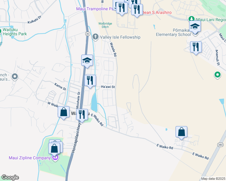 map of restaurants, bars, coffee shops, grocery stores, and more near 155 Iniiniki Street in Wailuku