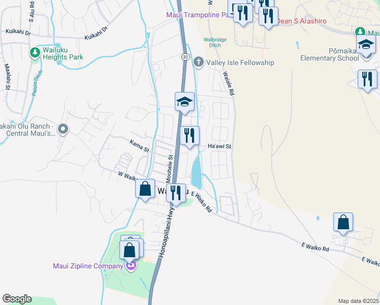 map of restaurants, bars, coffee shops, grocery stores, and more near 107 Kamaha'o Street in Wailuku