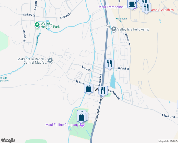 map of restaurants, bars, coffee shops, grocery stores, and more near 1326 Kawika Street in Wailuku