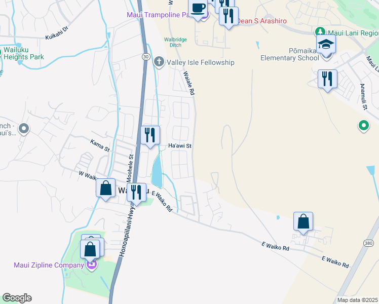 map of restaurants, bars, coffee shops, grocery stores, and more near 155 Iniiniki Street in Wailuku