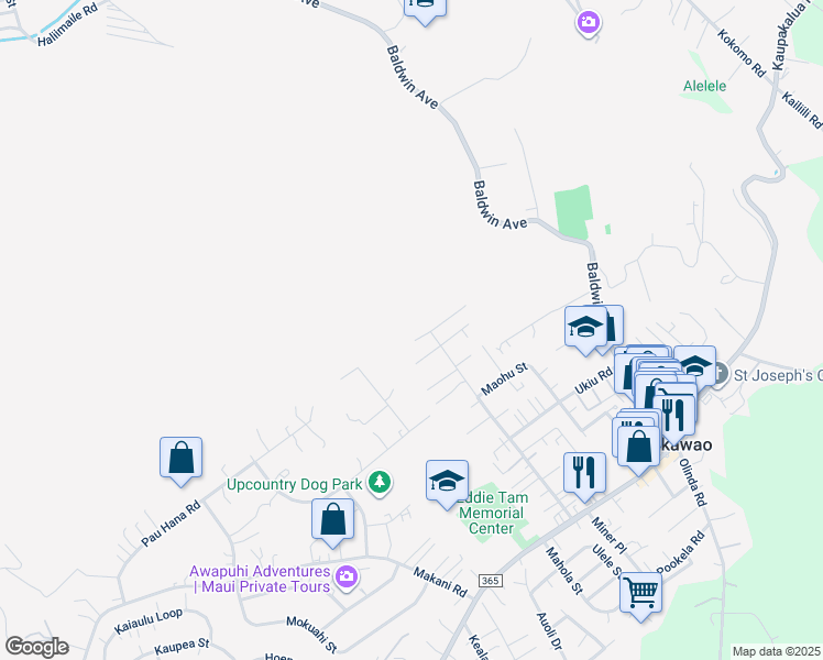 map of restaurants, bars, coffee shops, grocery stores, and more near 315 Maha Road in Makawao