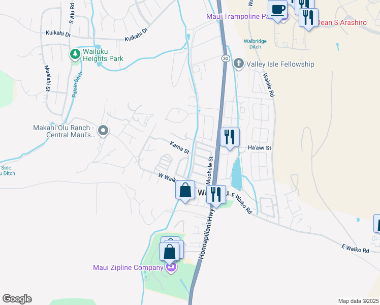 map of restaurants, bars, coffee shops, grocery stores, and more near 181 Kama Street in Wailuku