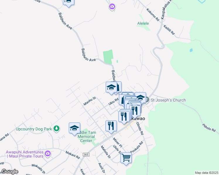 map of restaurants, bars, coffee shops, grocery stores, and more near 1181 Freitas Place in Makawao