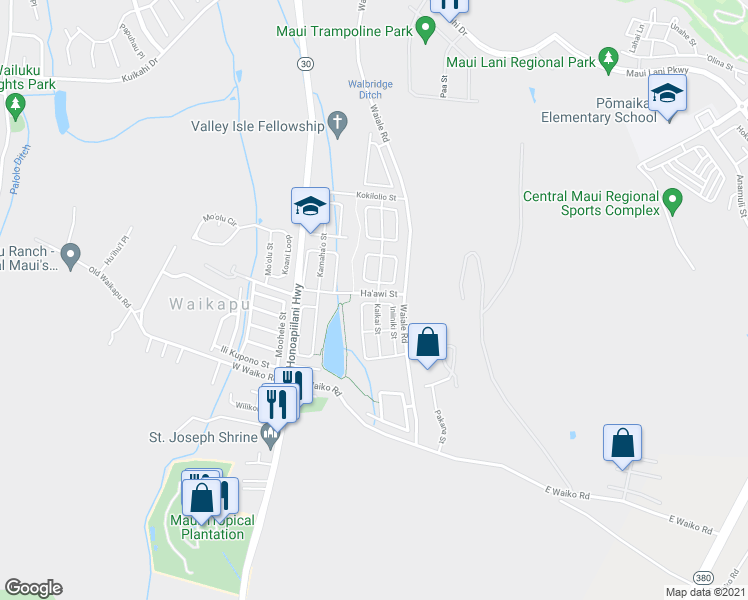 map of restaurants, bars, coffee shops, grocery stores, and more near 123 Nokekula Loop in Wailuku