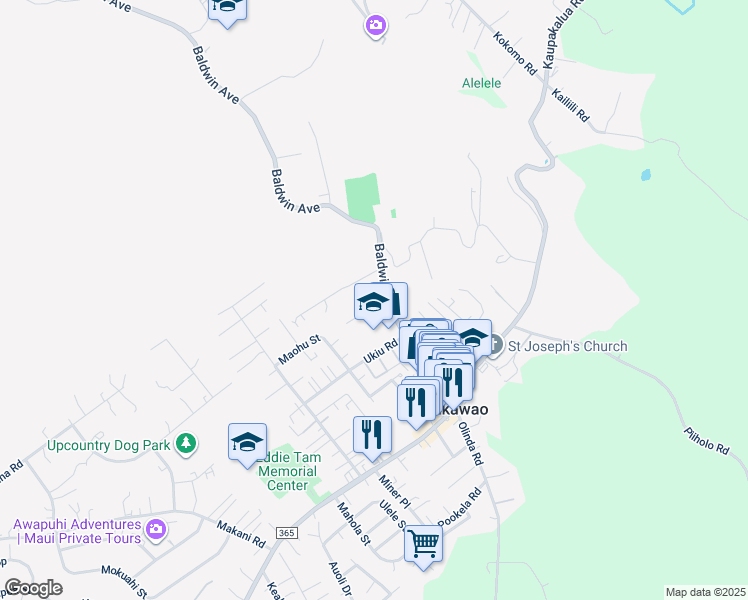 map of restaurants, bars, coffee shops, grocery stores, and more near 1191 Freitas Place in Makawao