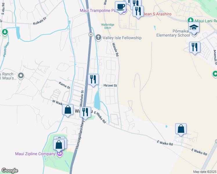 map of restaurants, bars, coffee shops, grocery stores, and more near 123 Nokekula Loop in Wailuku