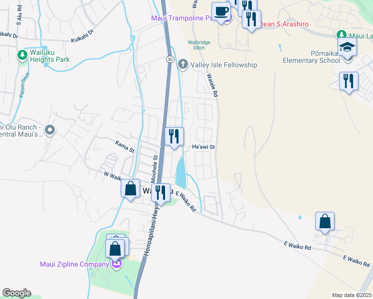 map of restaurants, bars, coffee shops, grocery stores, and more near 801 Ha'awi Street in Wailuku