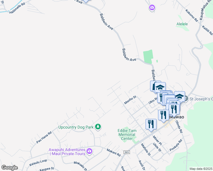 map of restaurants, bars, coffee shops, grocery stores, and more near 315 Maha Road in Makawao