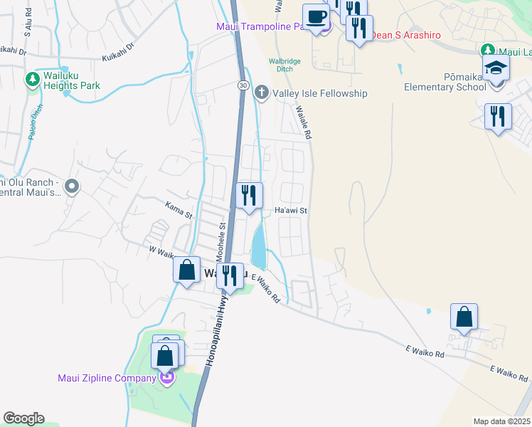 map of restaurants, bars, coffee shops, grocery stores, and more near 805 Ha'awi Street in Wailuku