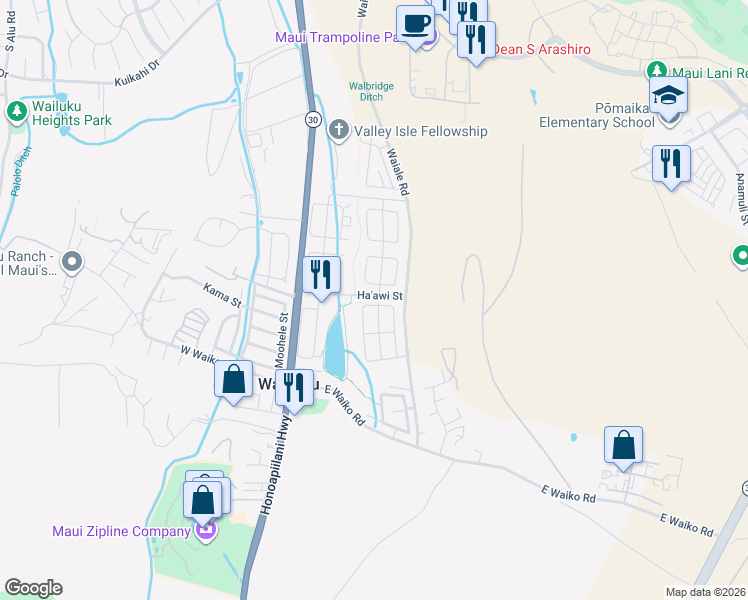 map of restaurants, bars, coffee shops, grocery stores, and more near 123 Nokekula Loop in Wailuku