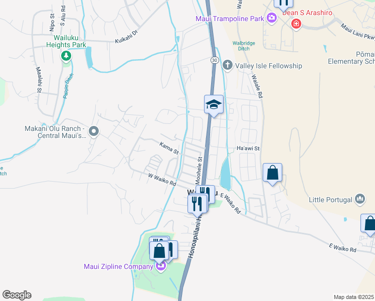 map of restaurants, bars, coffee shops, grocery stores, and more near 1266 Moohele Street in Wailuku
