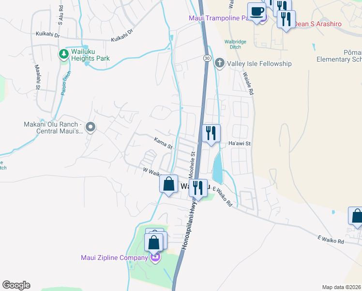 map of restaurants, bars, coffee shops, grocery stores, and more near 1266 Moohele Street in Wailuku