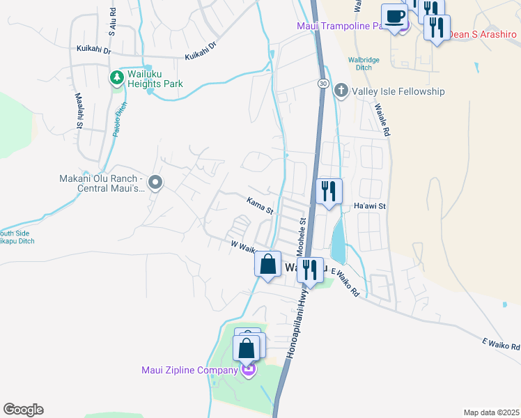 map of restaurants, bars, coffee shops, grocery stores, and more near 201 Kama Street in Wailuku