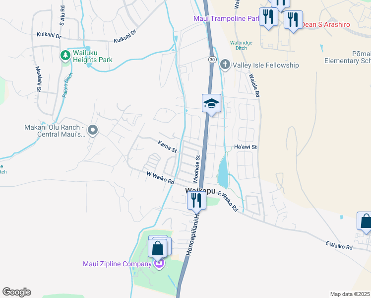 map of restaurants, bars, coffee shops, grocery stores, and more near 1266 Moohele Street in Wailuku