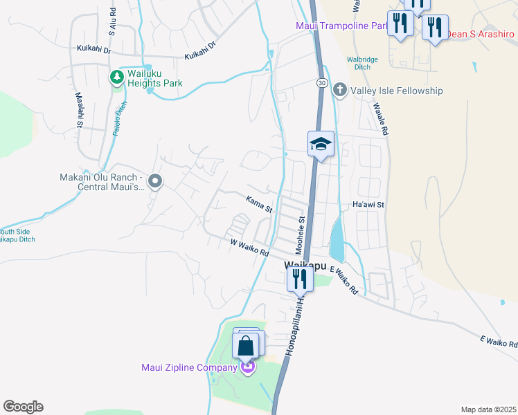 map of restaurants, bars, coffee shops, grocery stores, and more near 181 Kama Street in Wailuku